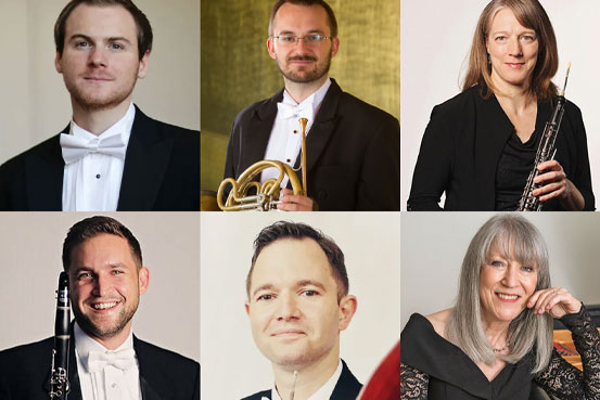 Alex Kinmonth (oboe), Edmund Rollett (French horn), Monica Fosnaugh (English horn) Ralph Skiano (clarinet), Conrad Cornelison (bassoon) and pianist Pauline Martin